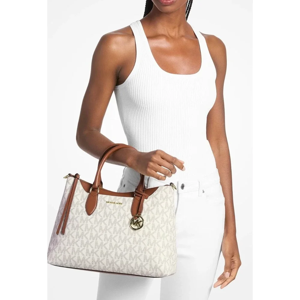 Michael Kors Austen Satchel Medium Vanilla Acorn Monogram Logo Designer Handbag*